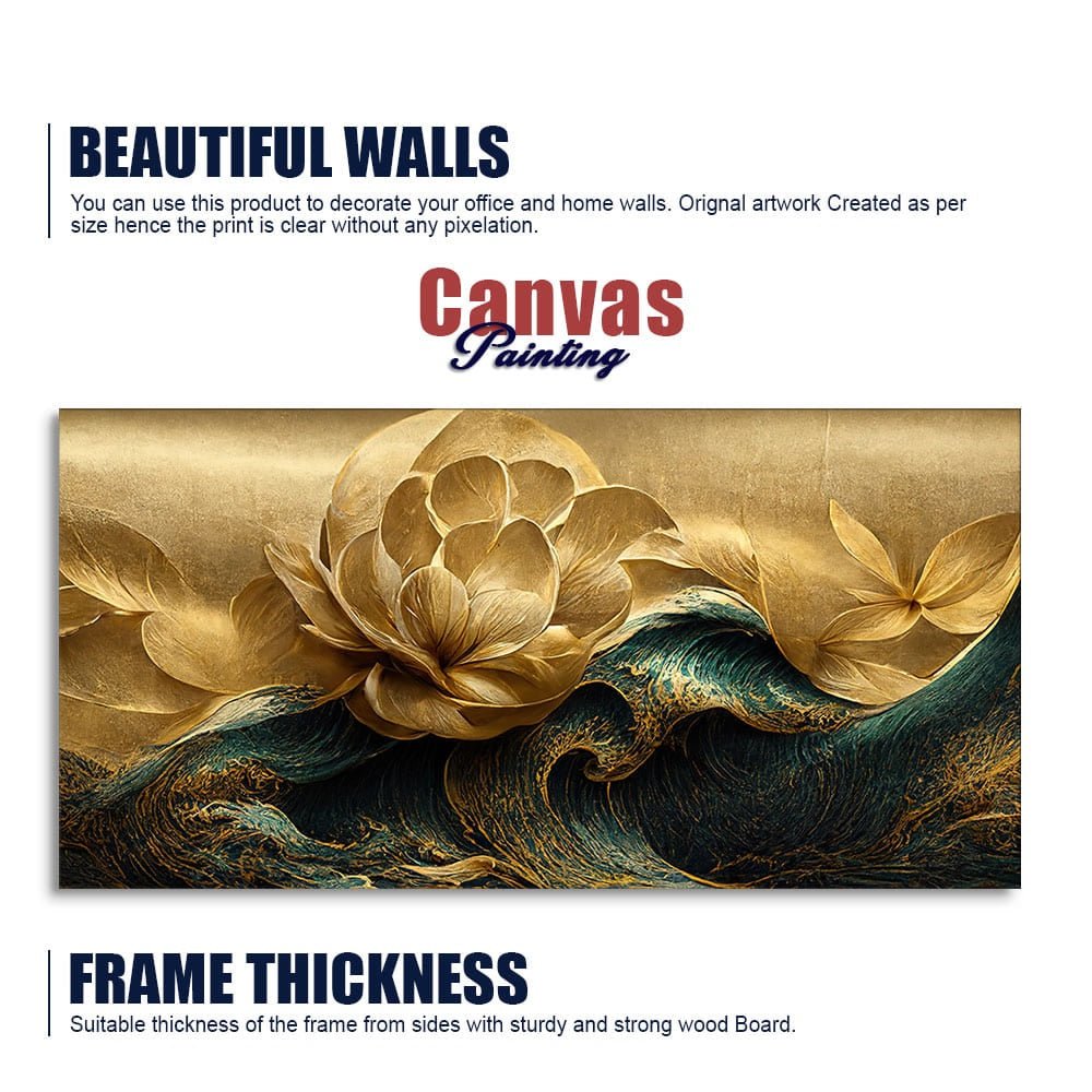 Modern Golden Flower and Waves Canvas Wall Painting - Decor Smart