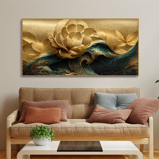 Modern Golden Flower and Waves Canvas Wall Painting - Decor Smart