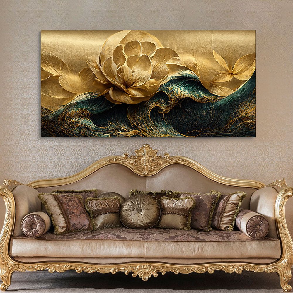 Modern Golden Flower and Waves Canvas Wall Painting - Decor Smart