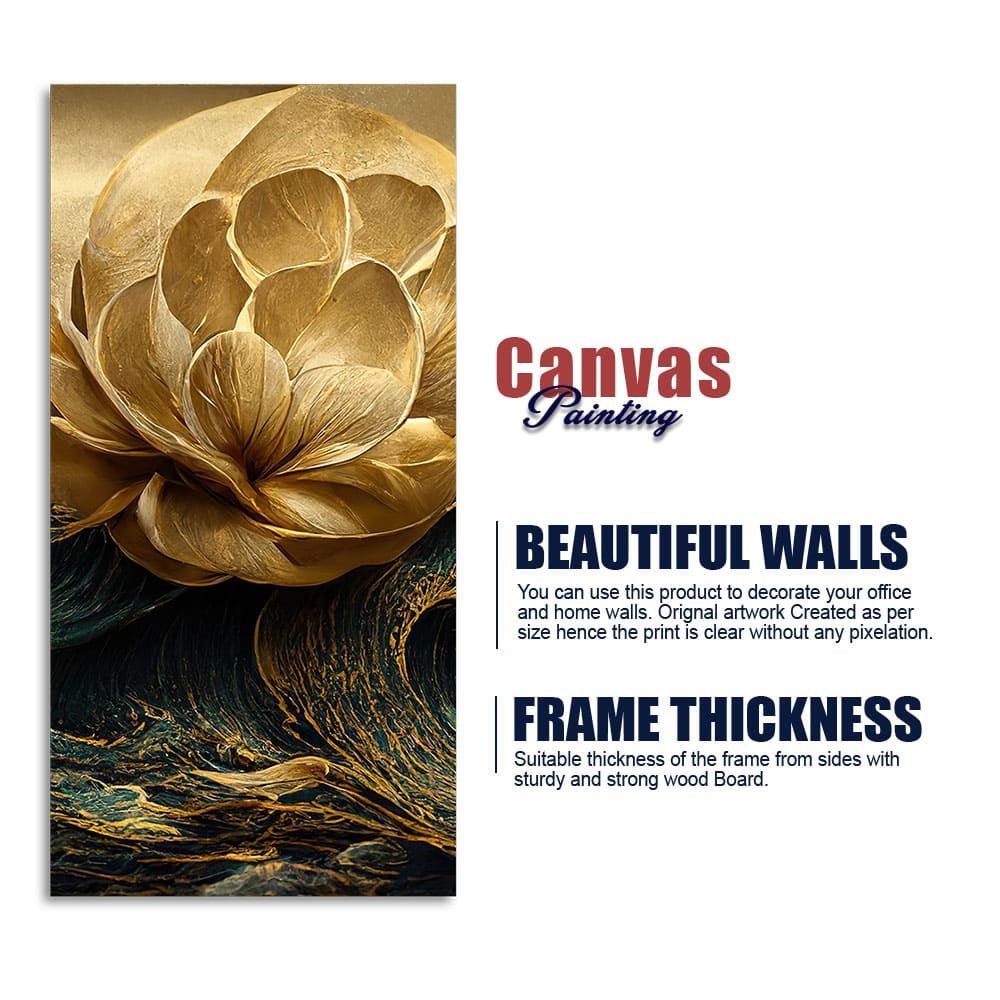 Modern Golden Flower and Waves Premium Canvas Wall Painting - Decor Smart