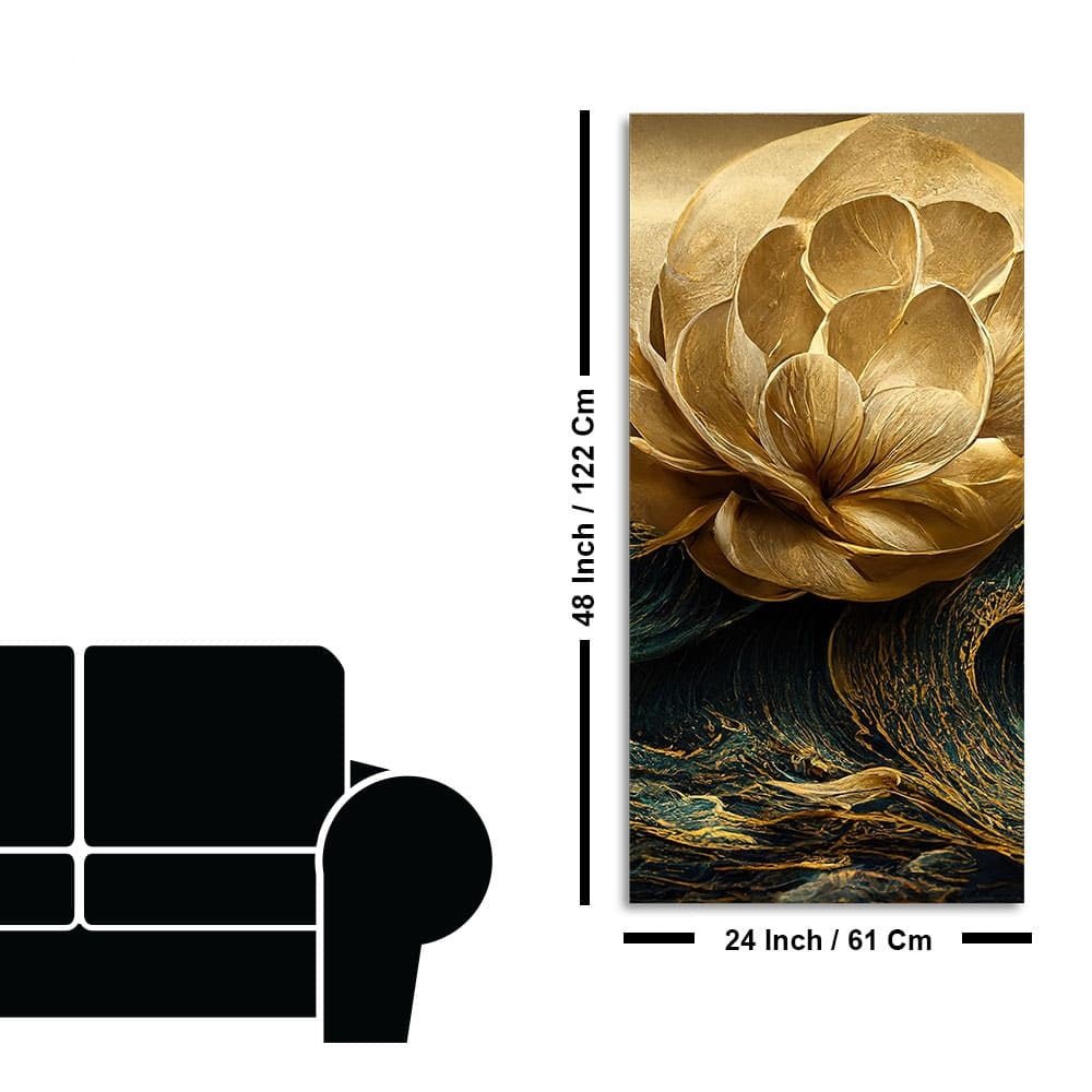 Modern Golden Flower and Waves Premium Canvas Wall Painting - Decor Smart
