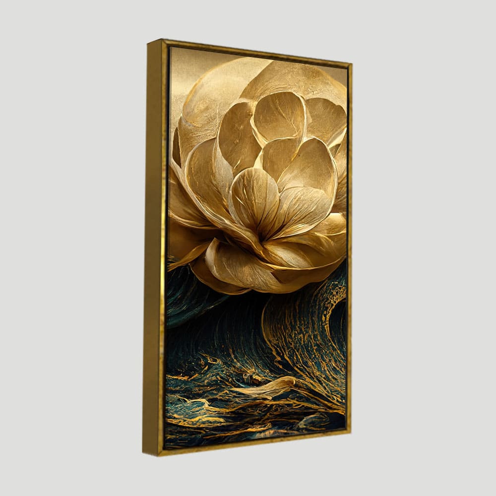 Modern Golden Flower and Waves Premium Canvas Wall Painting - Decor Smart