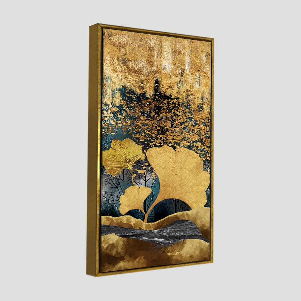 Modern Golden Ginkgo Leaves with Mountains Premium Canvas Wall Painting - Decor Smart