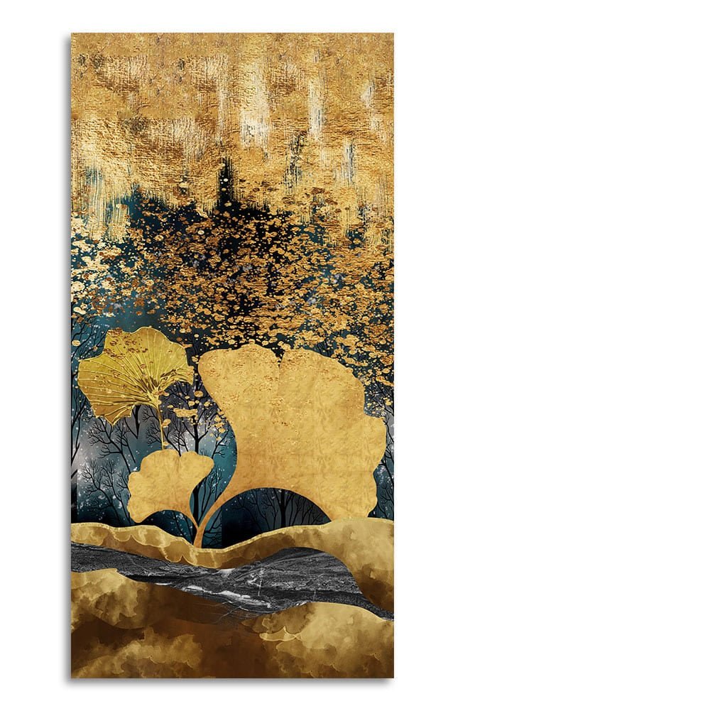 Modern Golden Ginkgo Leaves with Mountains Premium Canvas Wall Painting - Decor Smart
