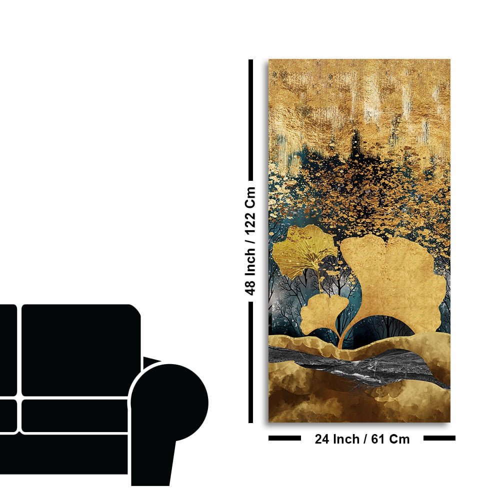 Modern Golden Ginkgo Leaves with Mountains Premium Canvas Wall Painting - Decor Smart