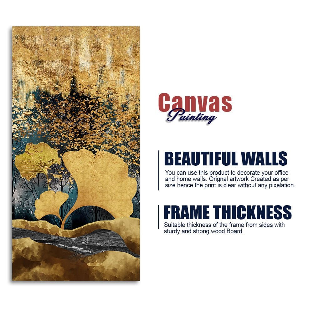 Modern Golden Ginkgo Leaves with Mountains Premium Canvas Wall Painting - Decor Smart