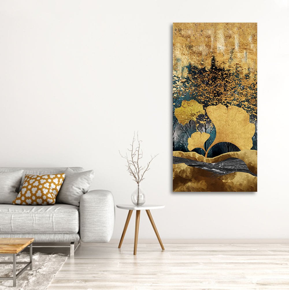 Modern Golden Ginkgo Leaves with Mountains Premium Canvas Wall Painting - Decor Smart