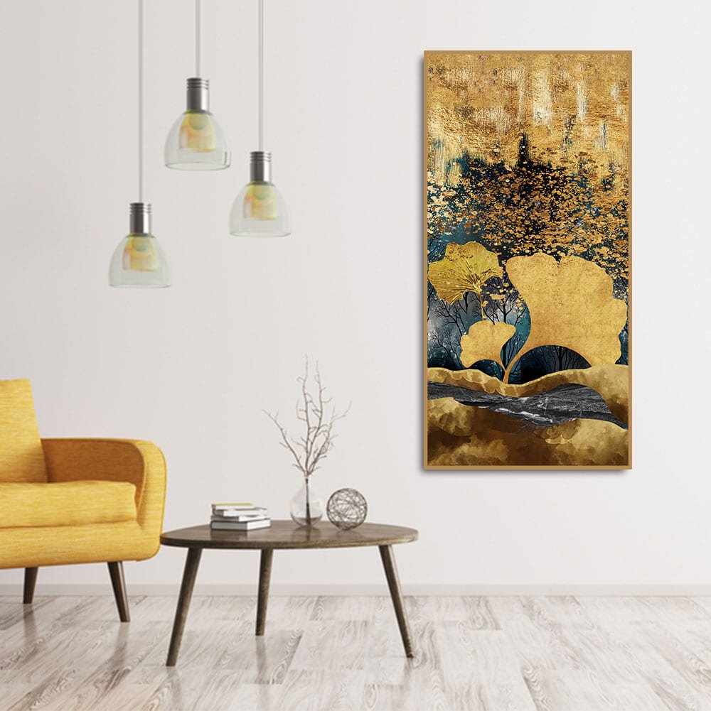 Modern Golden Ginkgo Leaves with Mountains Premium Canvas Wall Painting - Decor Smart