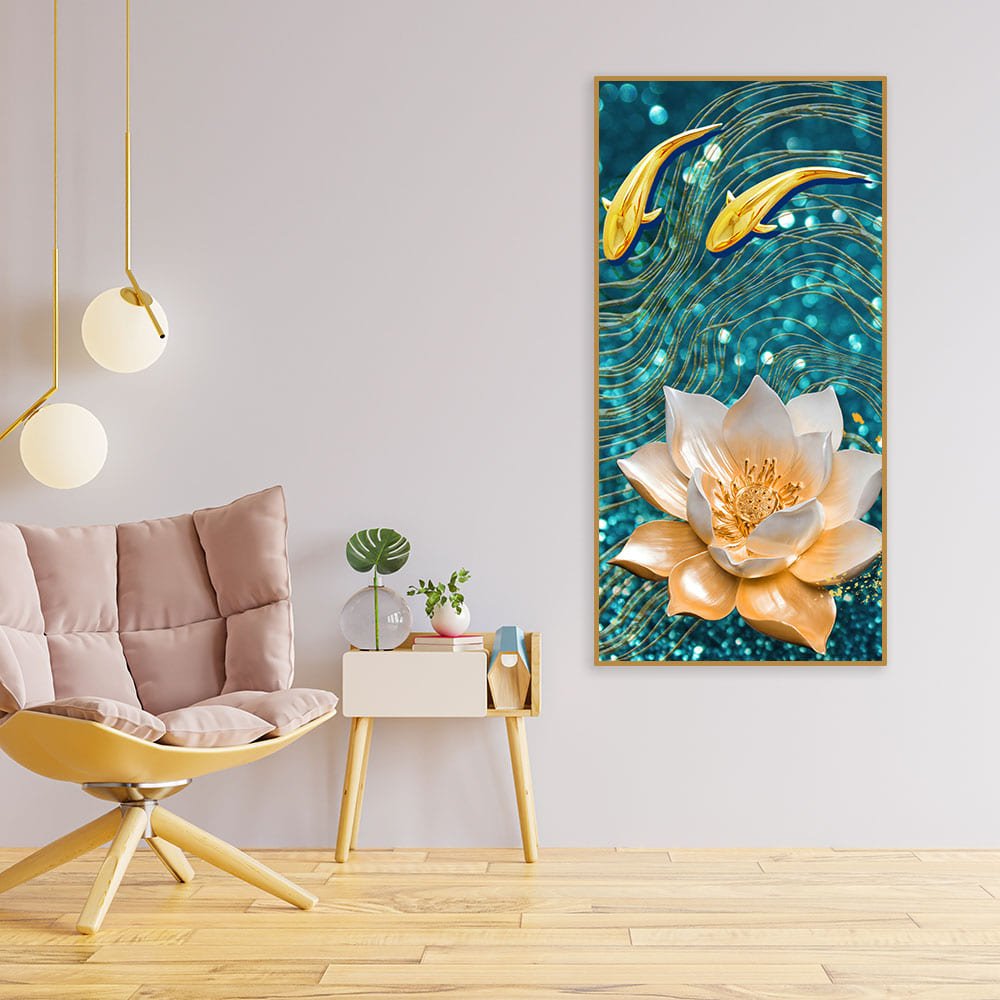 Modern Golden Lotus with koi Fish Abstract Canvas Wall Painting - Decor Smart