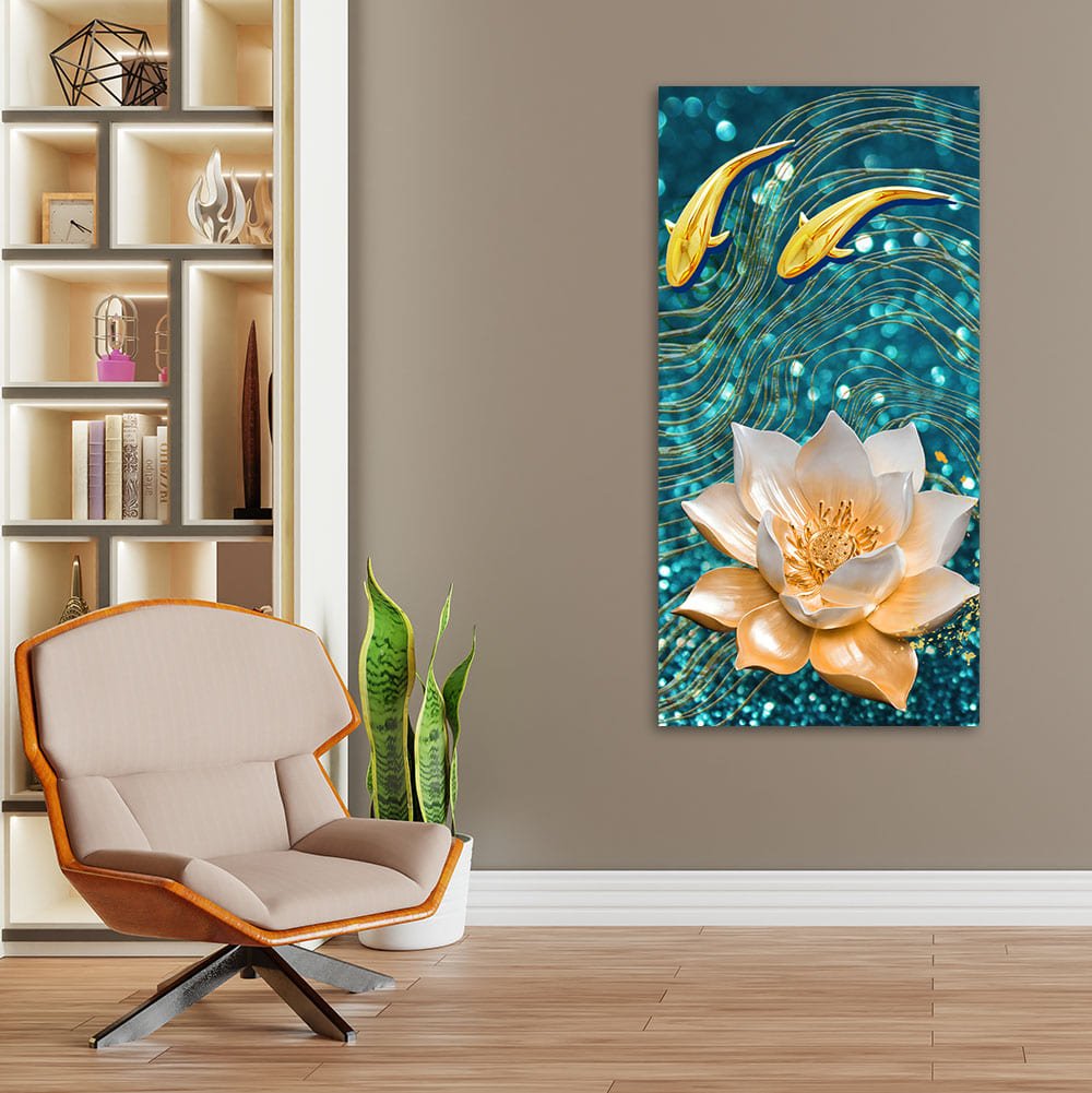 Modern Golden Lotus with koi Fish Abstract Canvas Wall Painting - Decor Smart
