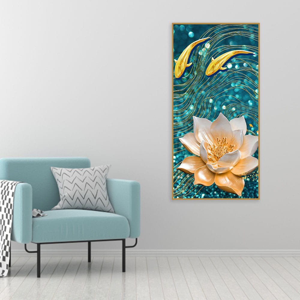 Modern Golden Lotus with koi Fish Abstract Canvas Wall Painting - Decor Smart