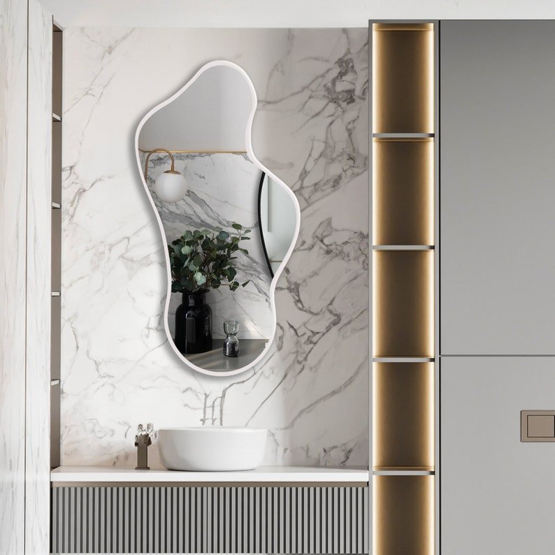 Modern Irregular Decorative Bathroom Wall Mounted with White Wooden Finish - Decor Smart