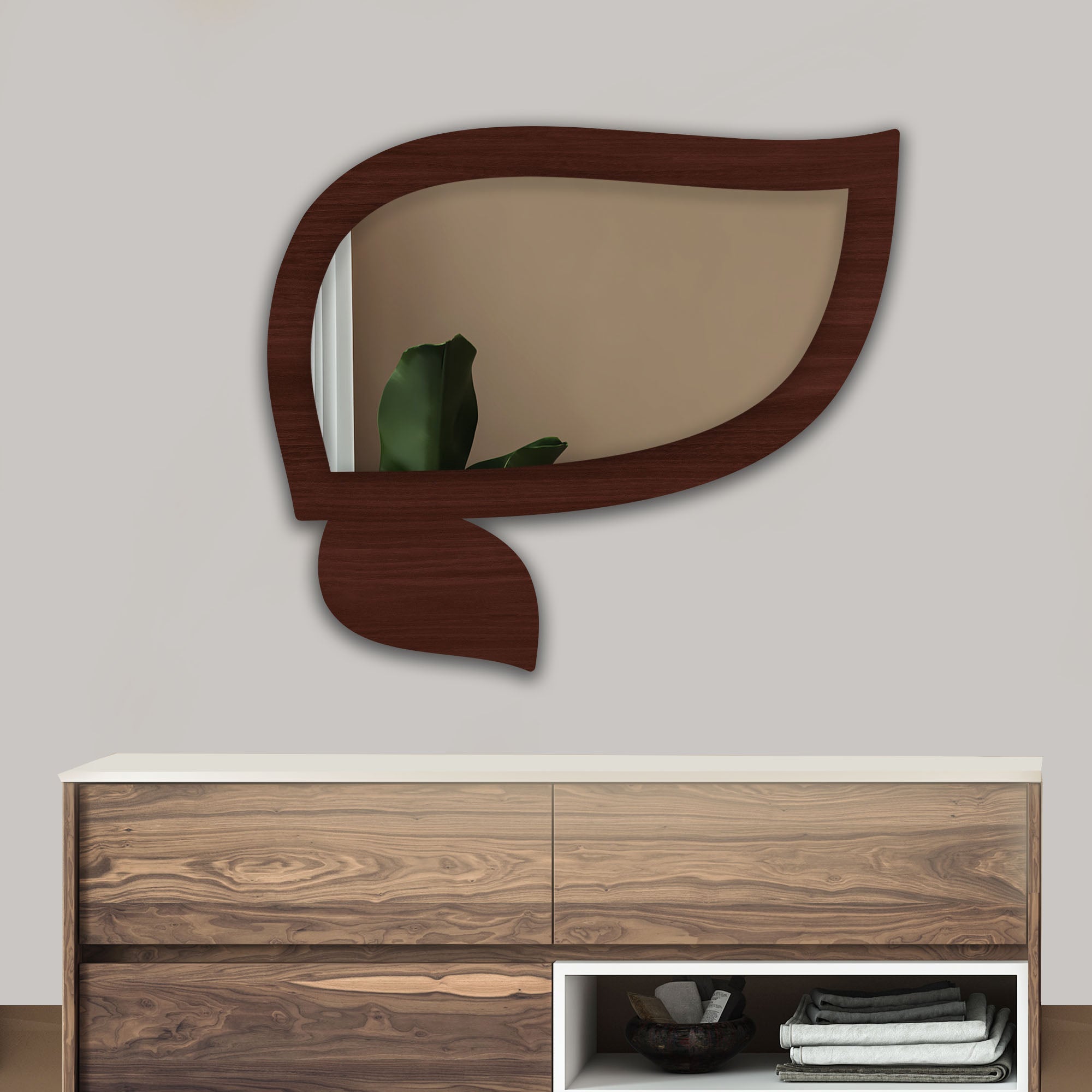 Modern Leaf Shape Design Art Wooden Wall Mirror - Decor Smart