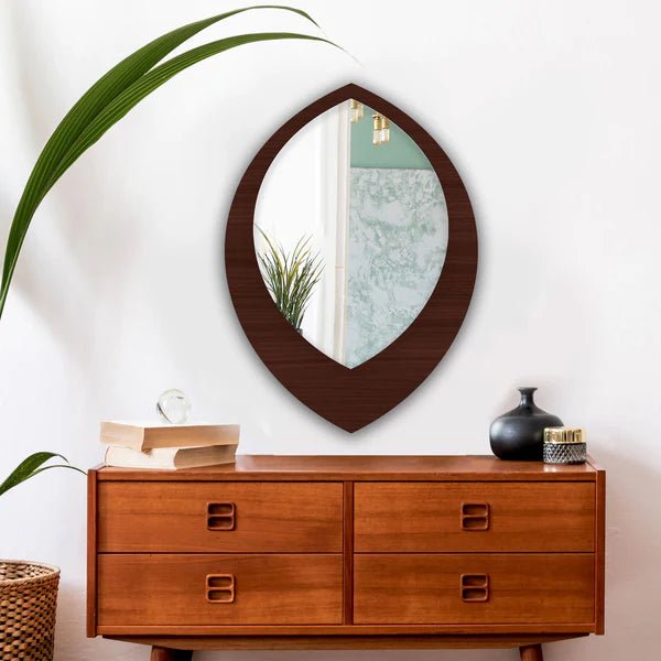 Modern Leaf Shaped Designer Decorative Art Wooden Wall Mirror - Decor Smart