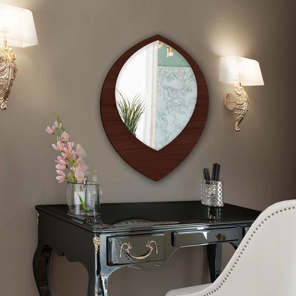 Modern Leaf Shaped Designer Decorative Art Wooden Wall Mirror - Decor Smart