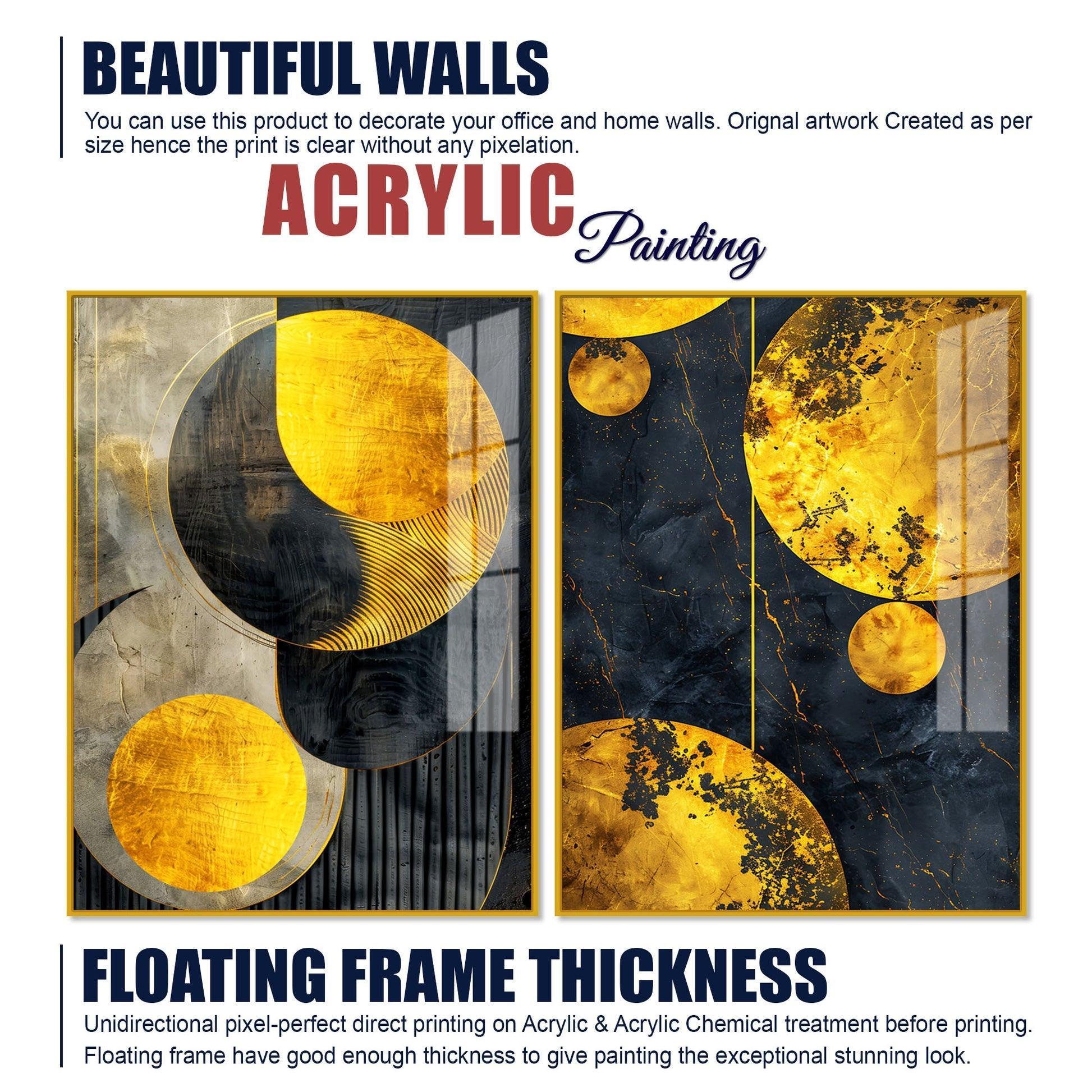 Modern Luxurious Golden Shapes Acrylic Floating Wall Painting Set Of 2 - Decor Smart