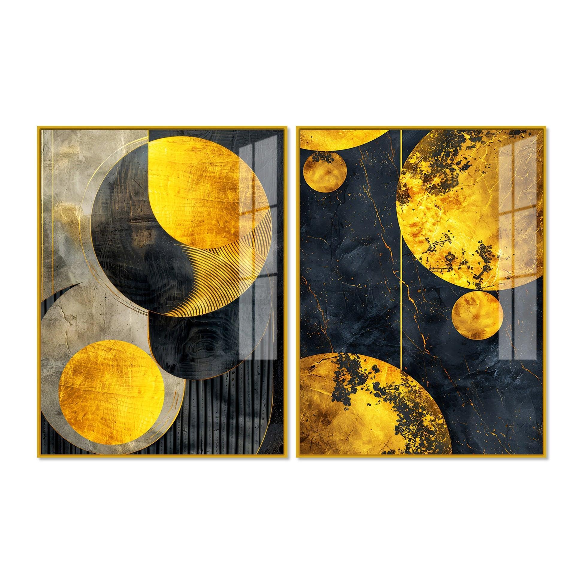 Modern Luxurious Golden Shapes Acrylic Floating Wall Painting Set Of 2 - Decor Smart