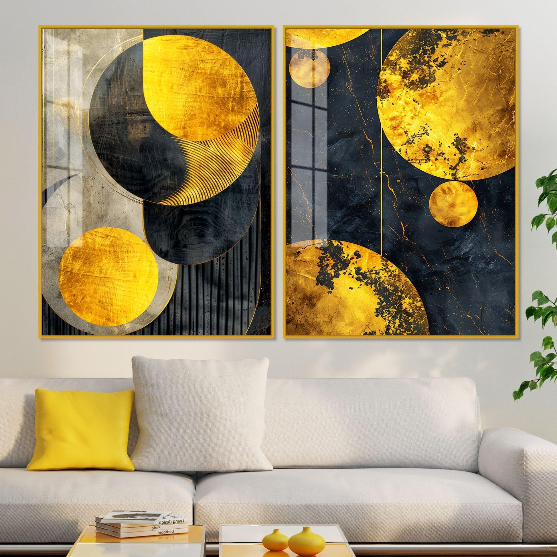 Modern Luxurious Golden Shapes Acrylic Floating Wall Painting Set Of 2 - Decor Smart