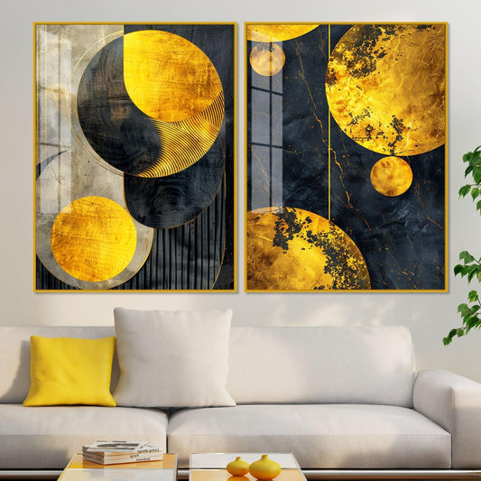 Modern Luxurious Golden Shapes Acrylic Floating Wall Painting Set Of 2 - Decor Smart