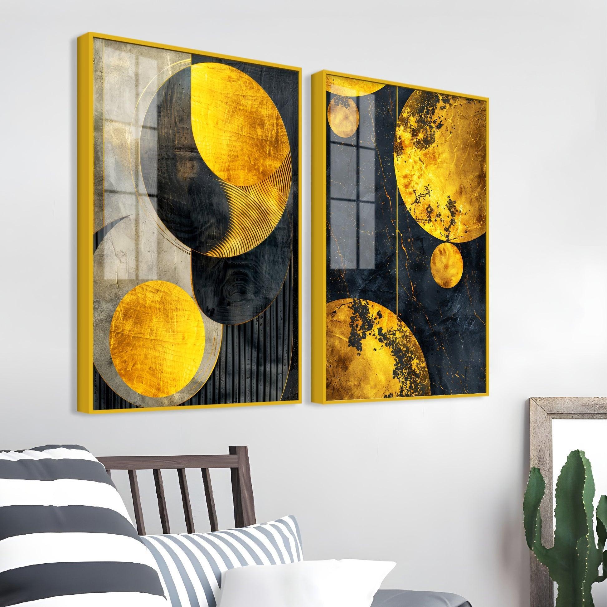 Modern Luxurious Golden Shapes Acrylic Floating Wall Painting Set Of 2 - Decor Smart