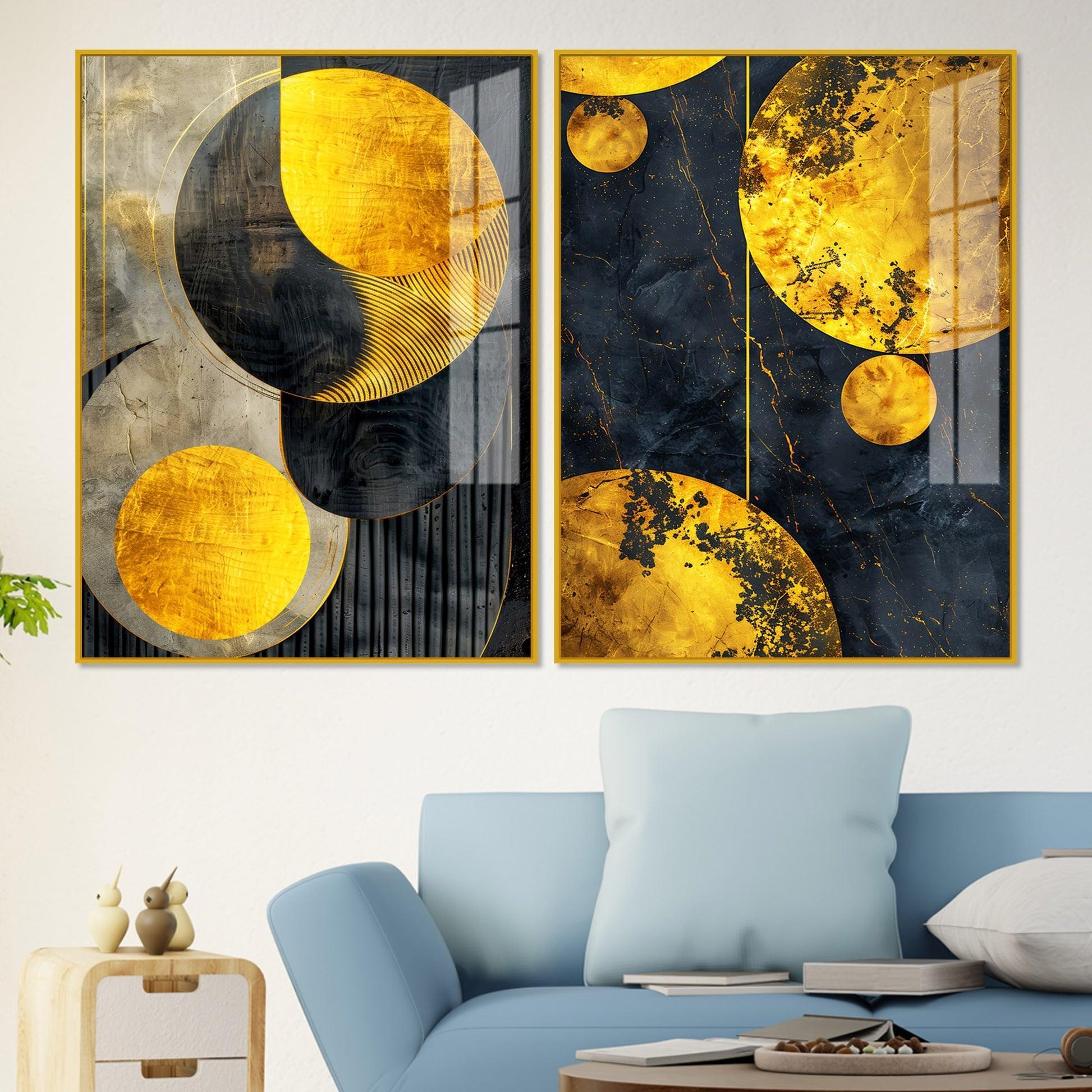 Modern Luxurious Golden Shapes Acrylic Floating Wall Painting Set Of 2 - Decor Smart