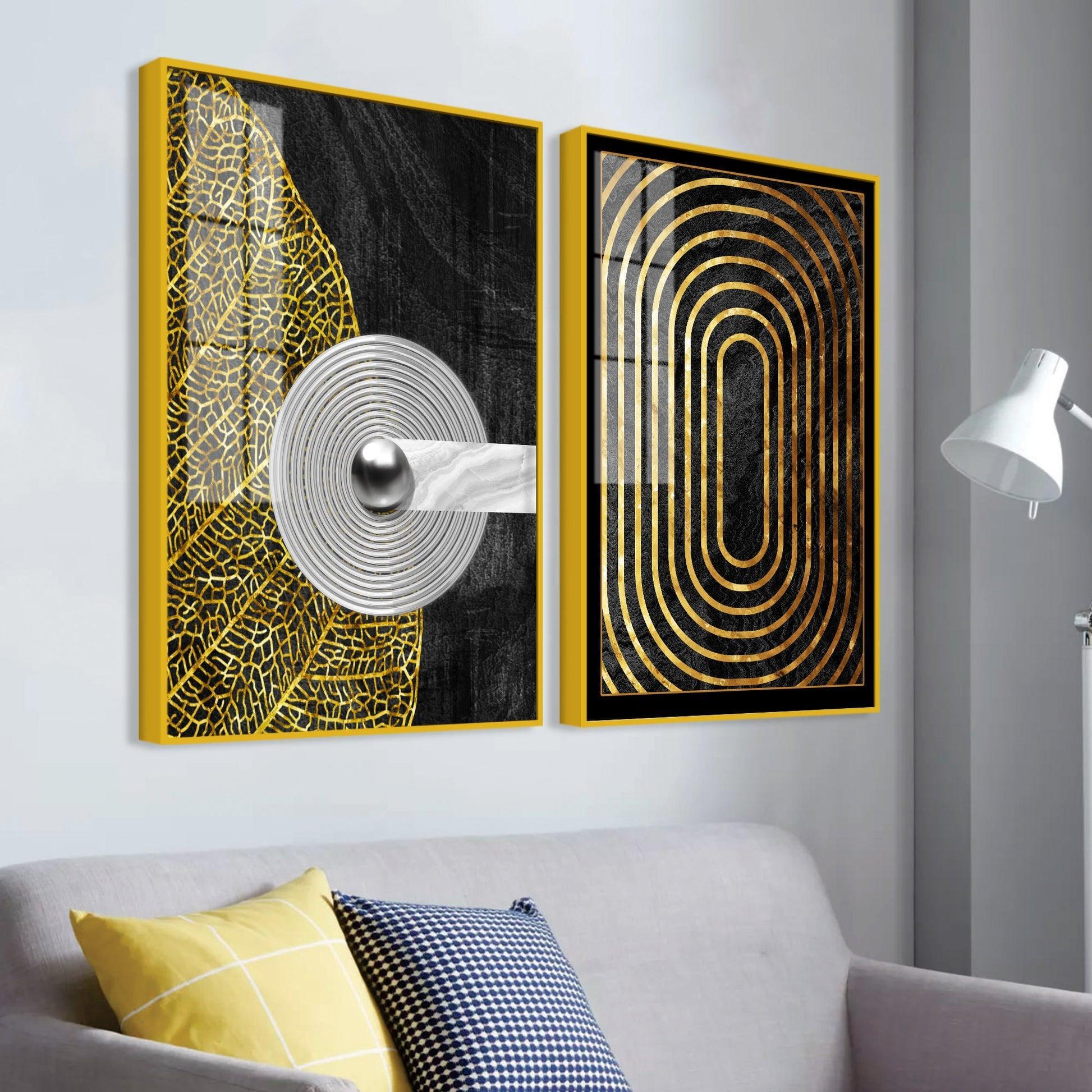 Modern Nordic Black and Golden Acrylic Floating Wall Painting Set Of 2 - Decor Smart