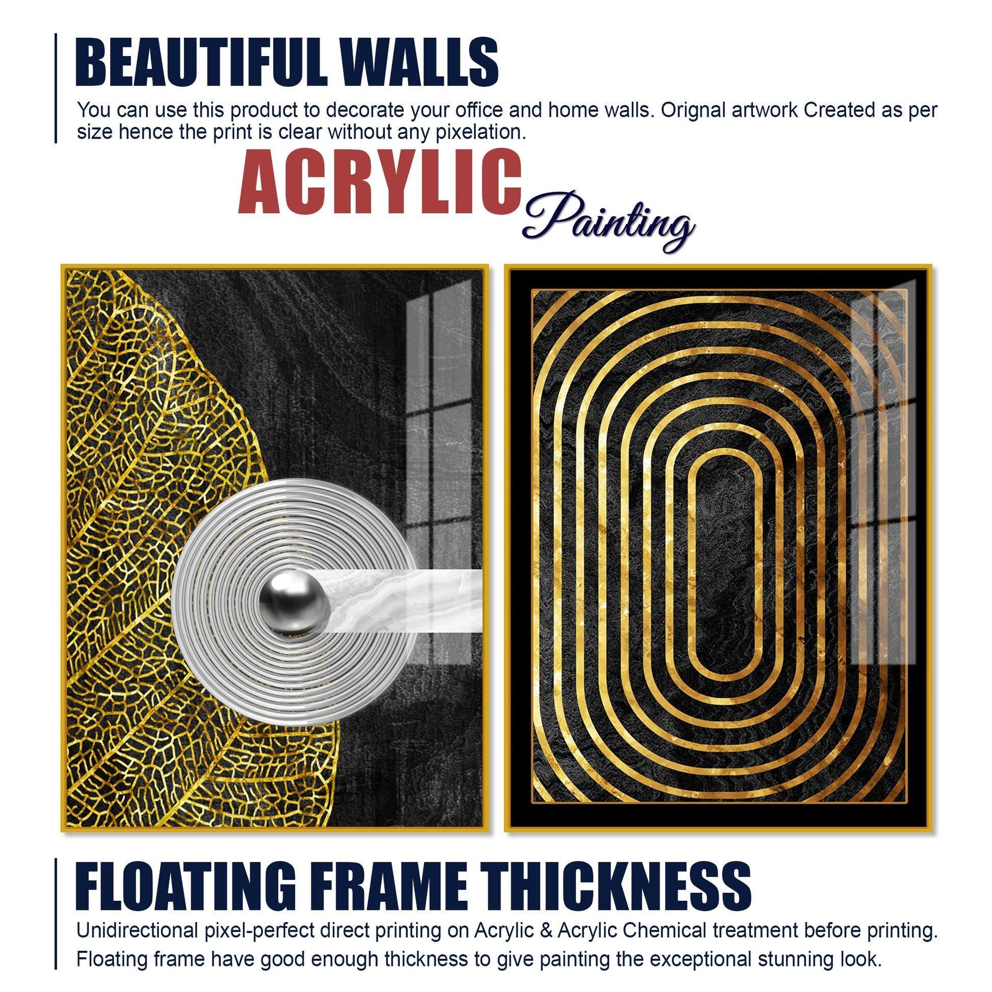 Modern Nordic Black and Golden Acrylic Floating Wall Painting Set Of 2 - Decor Smart