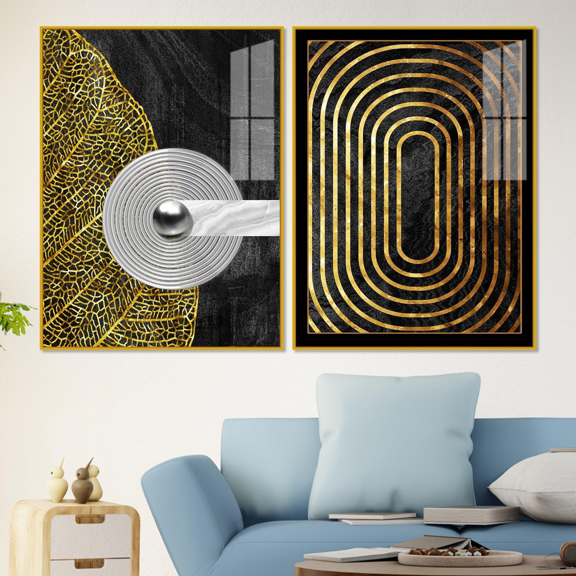 Modern Nordic Black and Golden Acrylic Floating Wall Painting Set Of 2 - Decor Smart