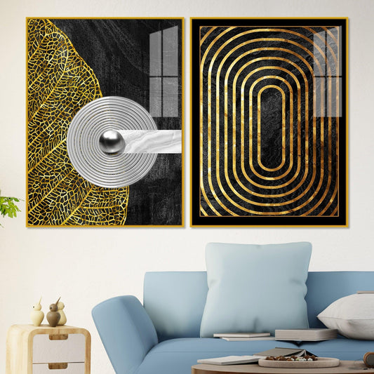 Modern Nordic Black and Golden Acrylic Floating Wall Painting Set Of 2 - Decor Smart