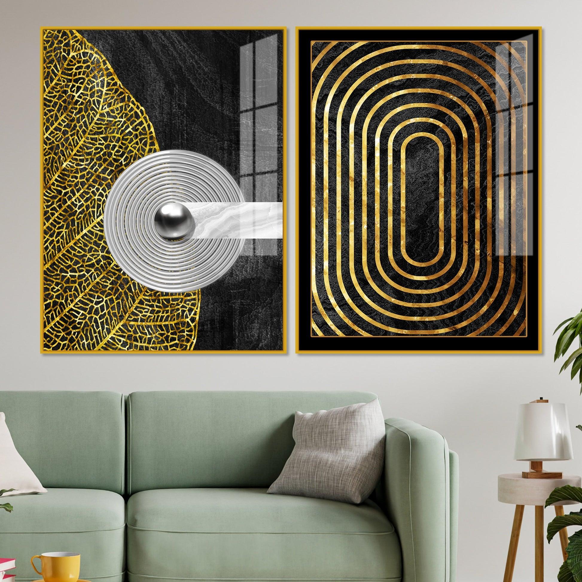 Modern Nordic Black and Golden Acrylic Floating Wall Painting Set Of 2 - Decor Smart