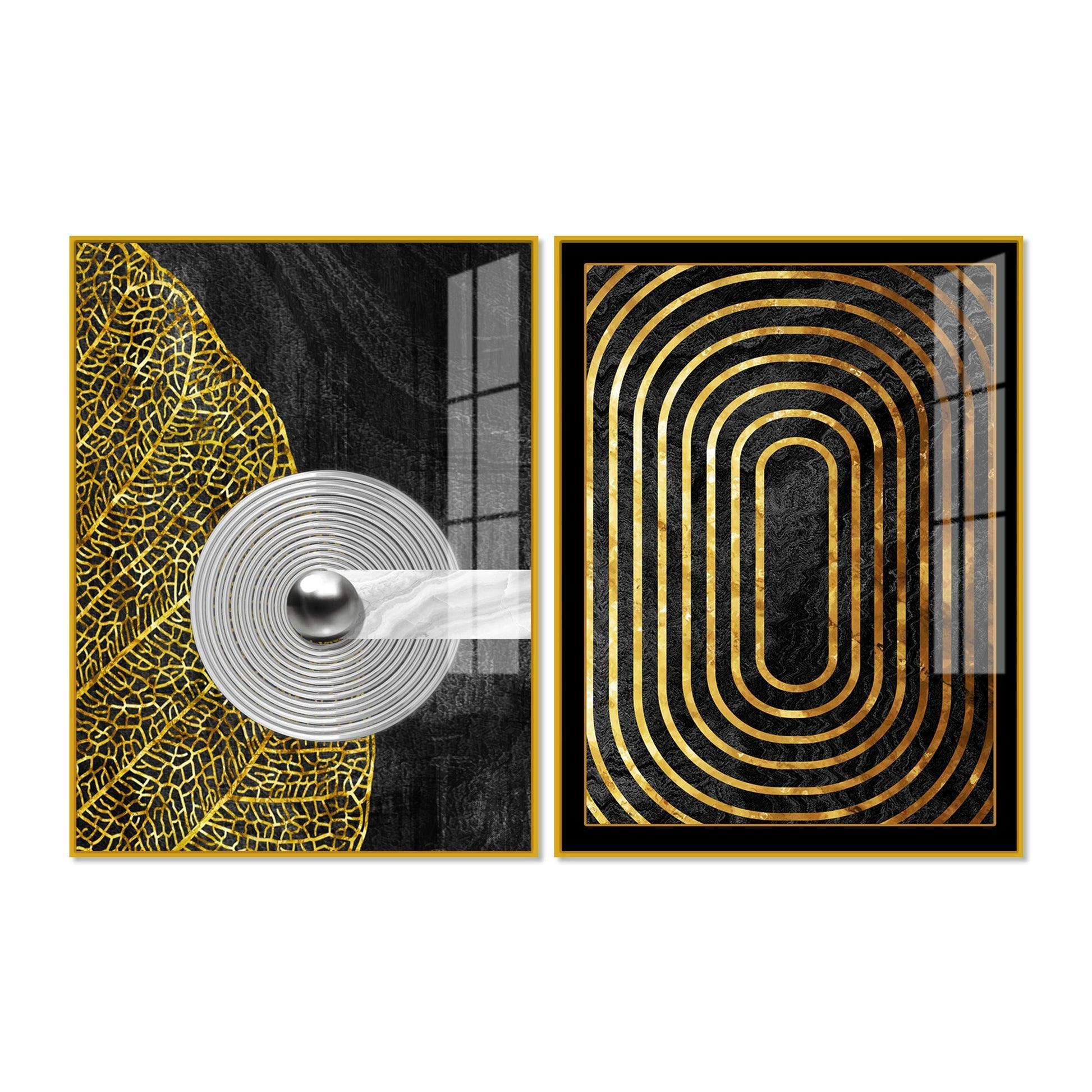Modern Nordic Black and Golden Acrylic Floating Wall Painting Set Of 2 - Decor Smart