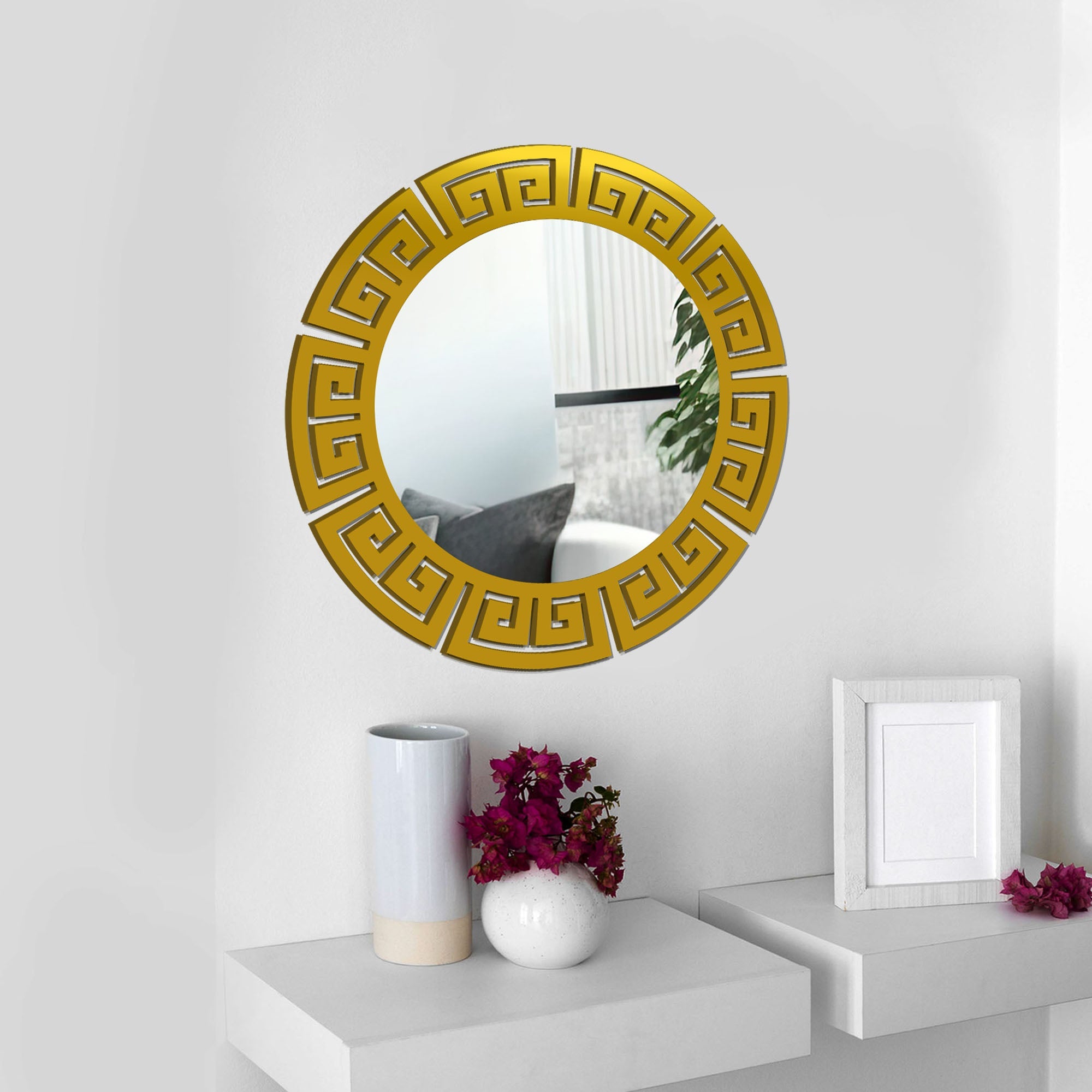 Modern Round Shape Decorative Design Wooden Wall Mirror With Gold Texture - Decor Smart