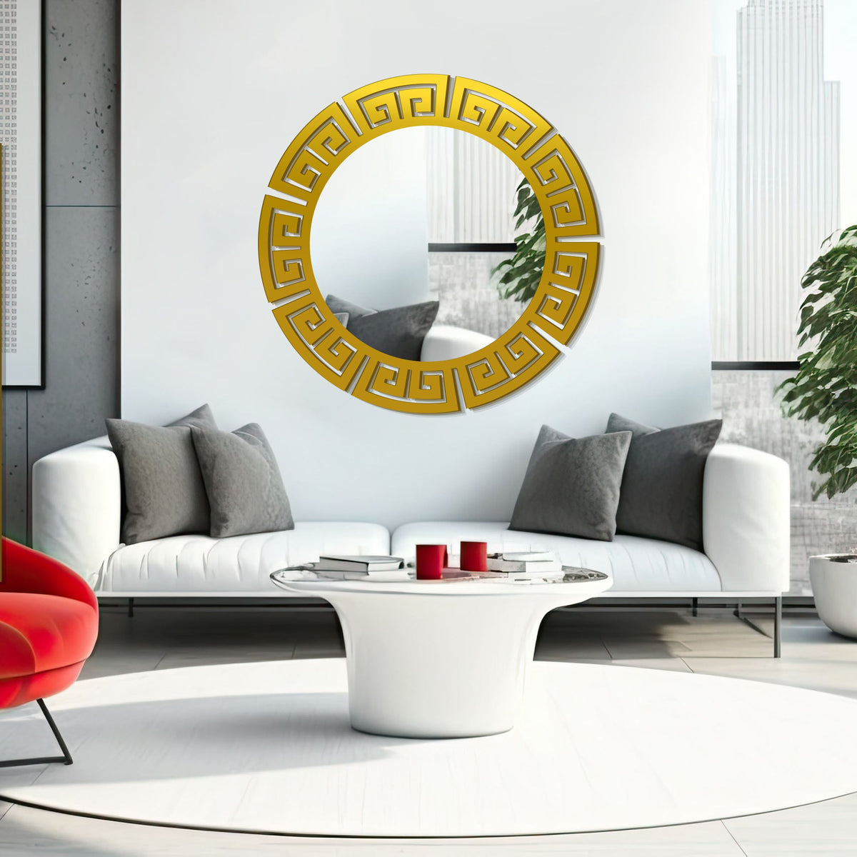 Modern Round Shape Decorative Design Wooden Wall Mirror With Gold Texture - Decor Smart