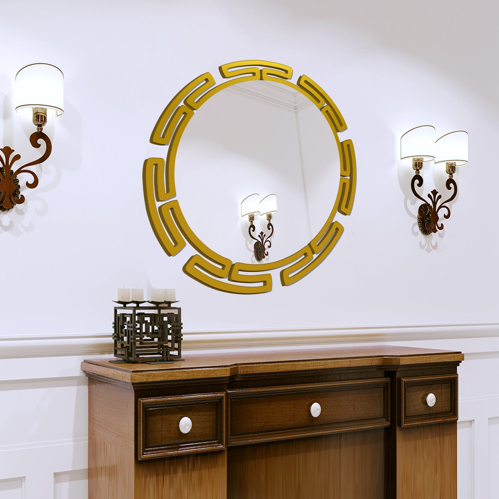 Modern Round Shape Designer Wooden Wall Mirror With Gold Texture - Decor Smart