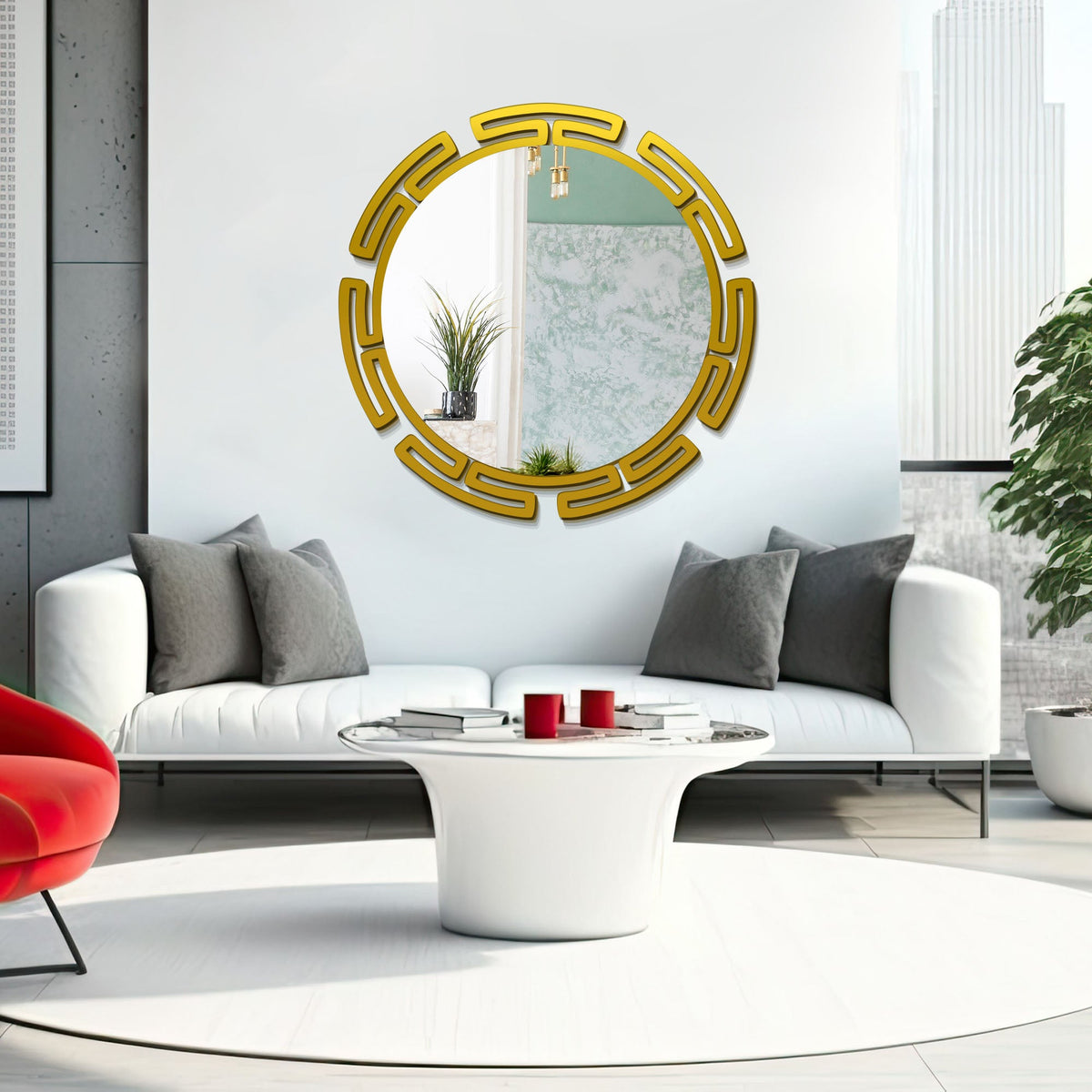 Modern Round Shape Designer Wooden Wall Mirror With Gold Texture - Decor Smart