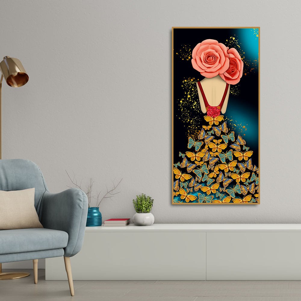 Modern Style Abstract Girl with Colorful Butterflies Premium Canvas Wall Painting - Decor Smart