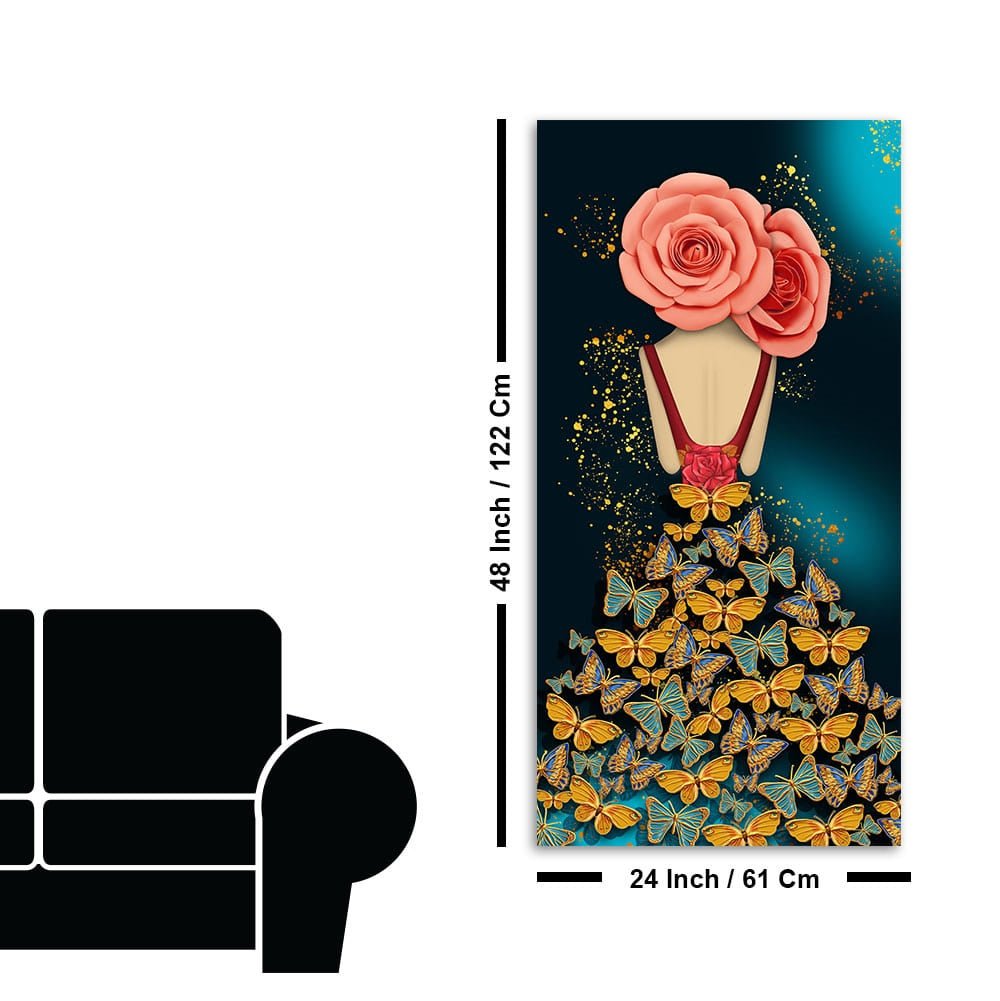 Modern Style Abstract Girl with Colorful Butterflies Premium Canvas Wall Painting - Decor Smart