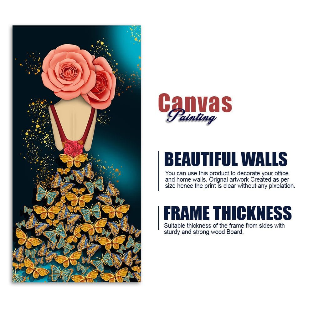 Modern Style Abstract Girl with Colorful Butterflies Premium Canvas Wall Painting - Decor Smart