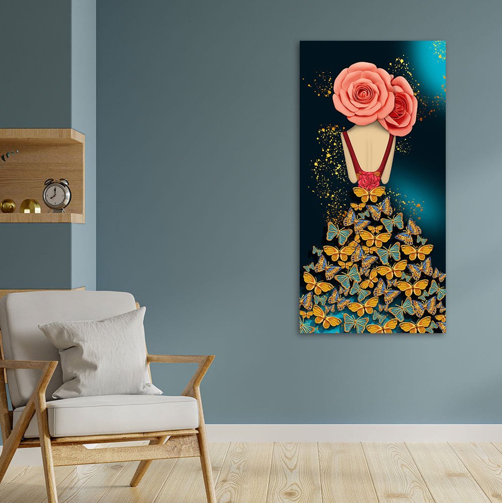Modern Style Abstract Girl with Colorful Butterflies Premium Canvas Wall Painting - Decor Smart