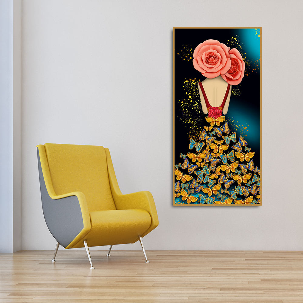 Modern Style Abstract Girl with Colorful Butterflies Premium Canvas Wall Painting