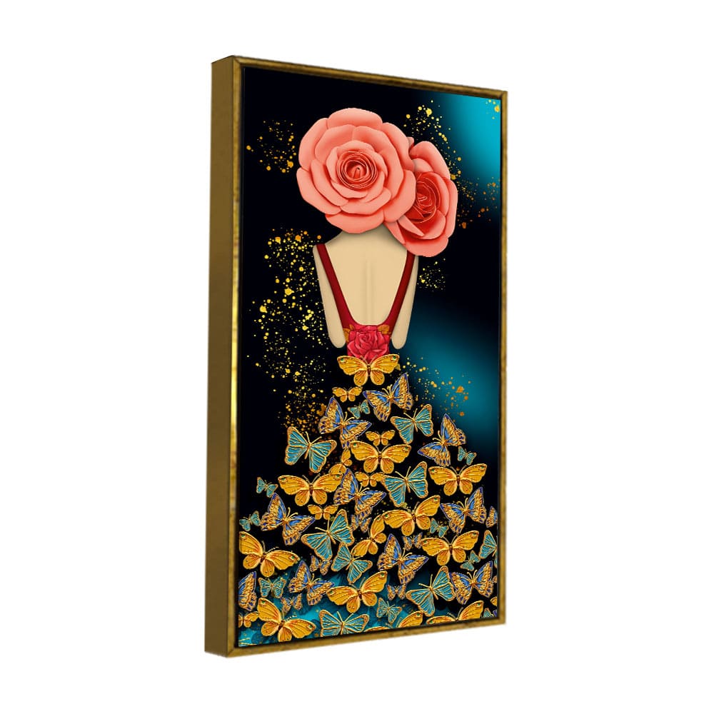 Modern Style Abstract Girl with Colorful Butterflies Premium Canvas Wall Painting