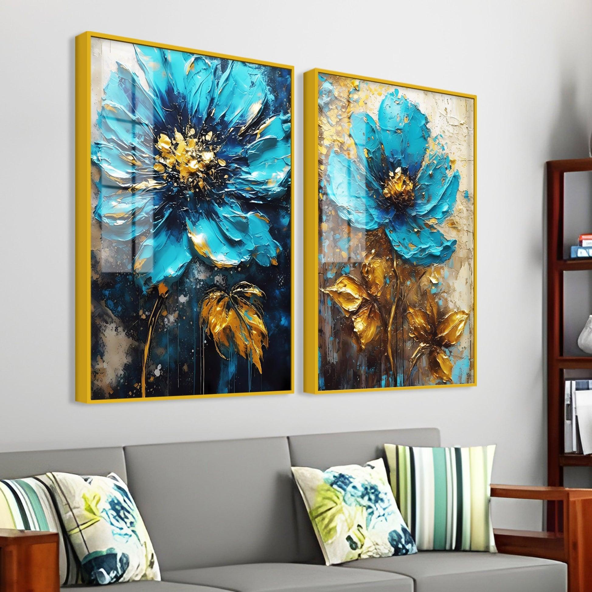 Modern Textural Blue Flower Artistic Acrylic Floating Wall Painting Set Of 2 - Decor Smart