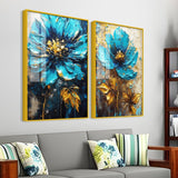 Modern Textural Blue Flower Artistic Acrylic Floating Wall Painting Set Of 2 - Decor Smart