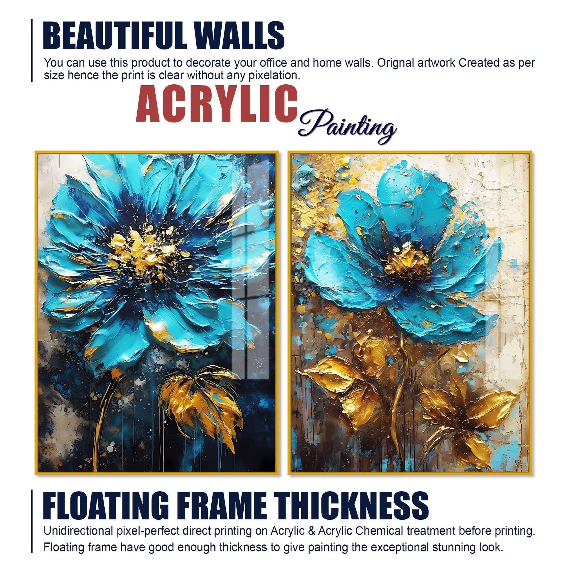 Modern Textural Blue Flower Artistic Acrylic Floating Wall Painting Set Of 2 - Decor Smart
