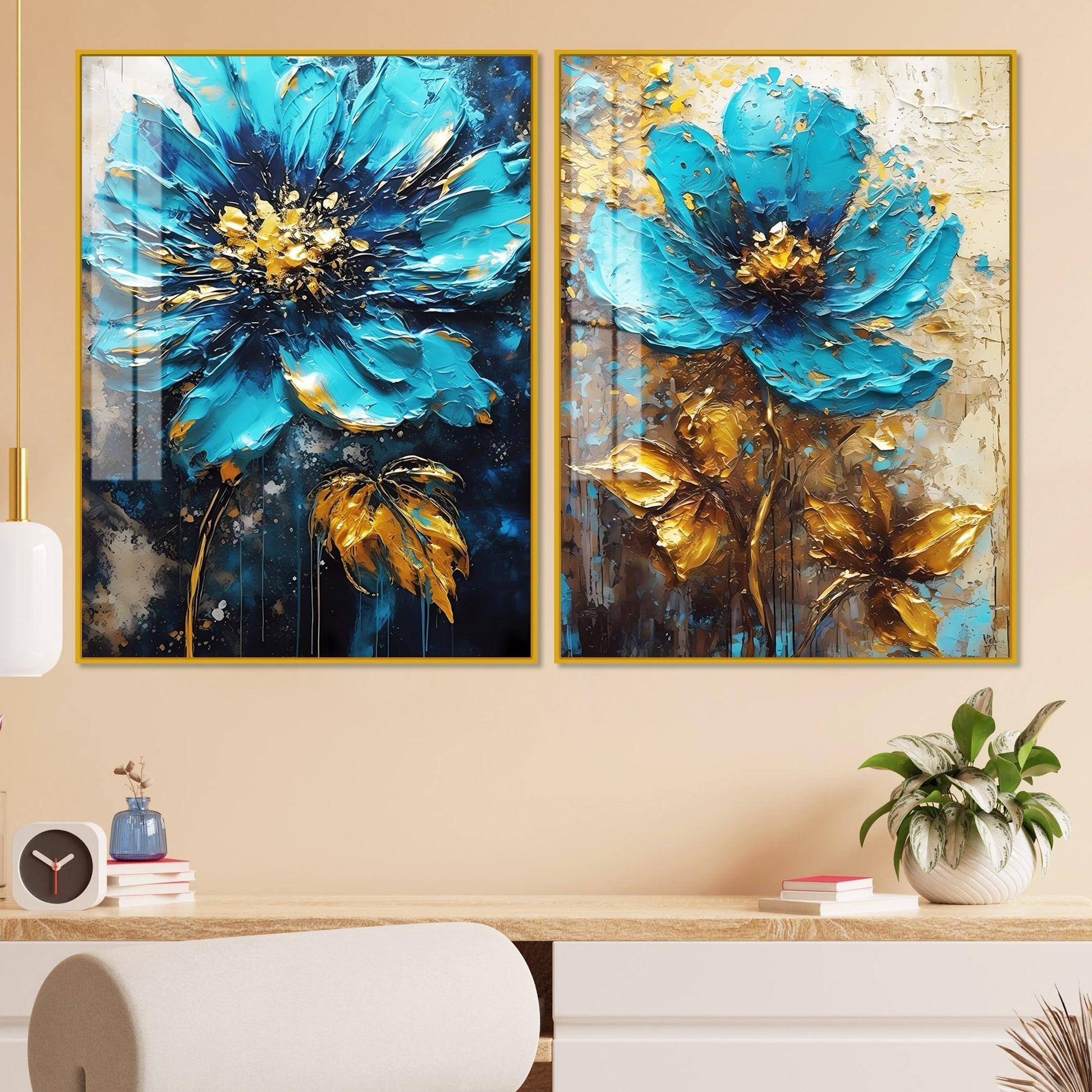 Modern Textural Blue Flower Artistic Acrylic Floating Wall Painting Set Of 2 - Decor Smart
