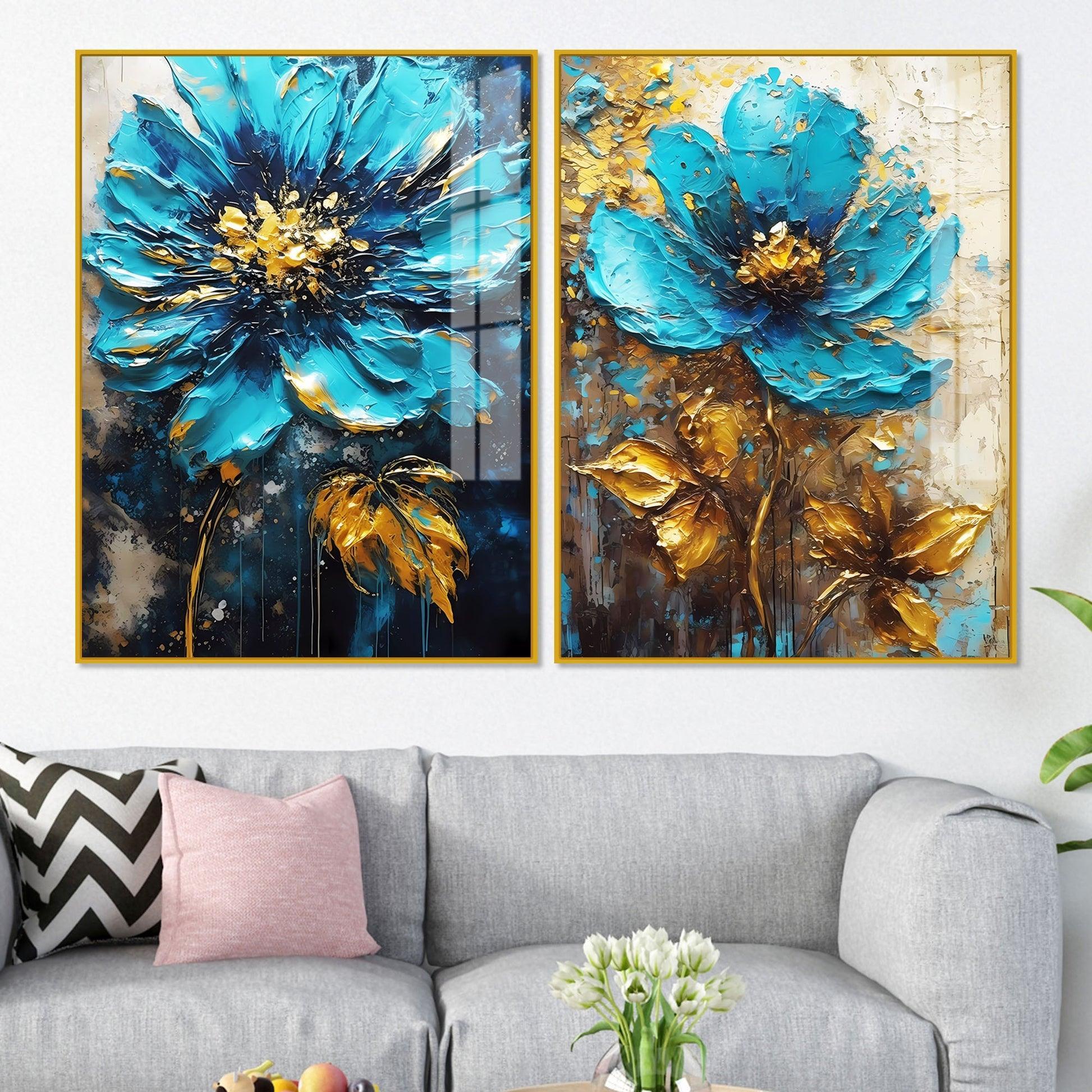 Modern Textural Blue Flower Artistic Acrylic Floating Wall Painting Set Of 2 - Decor Smart