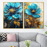 Modern Textural Blue Flower Artistic Acrylic Floating Wall Painting Set Of 2 - Decor Smart