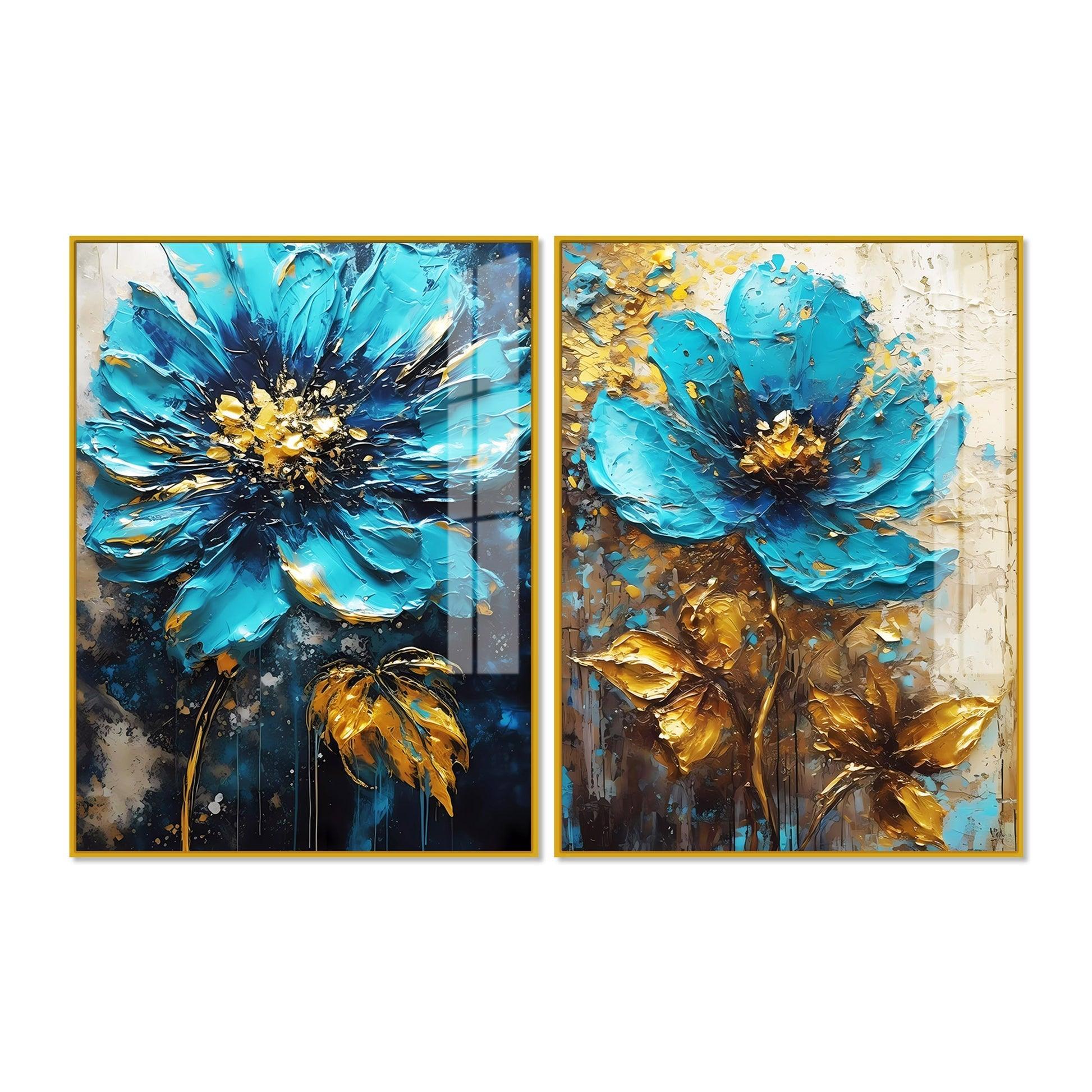 Modern Textural Blue Flower Artistic Acrylic Floating Wall Painting Set Of 2 - Decor Smart