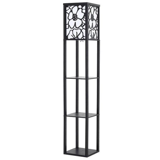 Modern Tower Lamp with Storage Shelves and Floral Shade