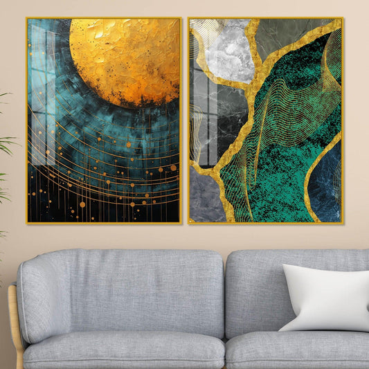 Modern Turquoise Artistic Art Acrylic Floating Wall Painting Set Of 2 - Decor Smart